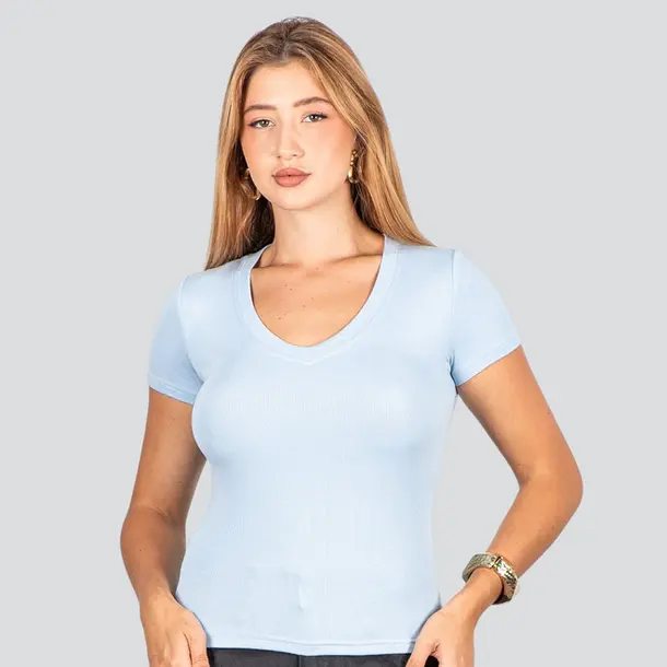 Blusa Feminina Manga Curta Gola V .ZW242 Azul