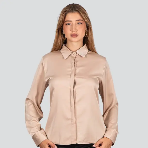 Camisa Feminina Manga Longa Cetim .WS93395 Bege