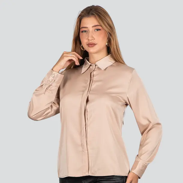 Camisa Feminina Manga Longa Cetim .WS93395 Bege