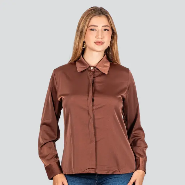 Camisa Feminina Manga Longa Cetim .WS93395 Marrom