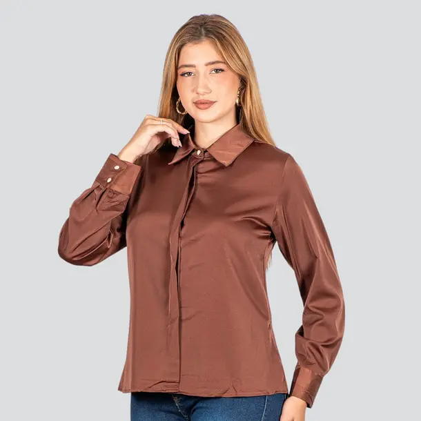 Camisa Feminina Manga Longa Cetim .WS93395 Marrom