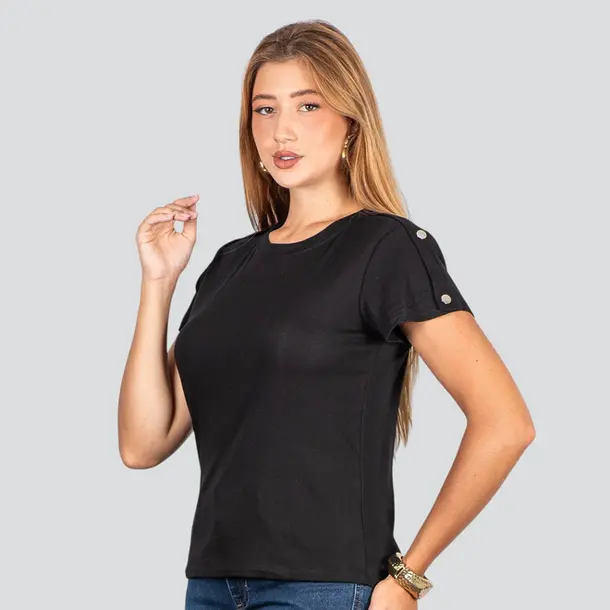 Blusa Feminina Manga Curta Com Botões .XB665 Preto