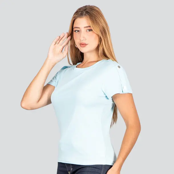 Blusa Feminina Manga Curta Com Botões .XB665 Azul