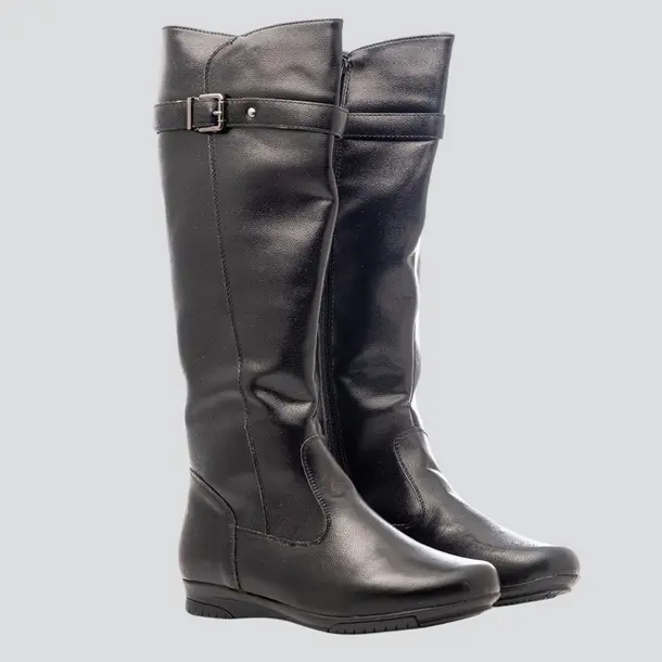 Bota Feminina Cano Longo Rasteira Conforto Fivela .71144 Preto