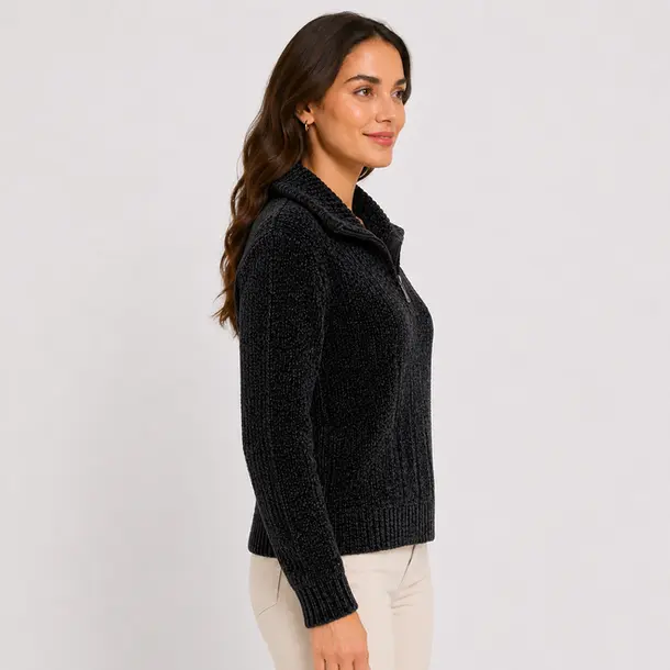 Suéter Feminino Tricô Mousse Meio Zíper .MC031 Preto