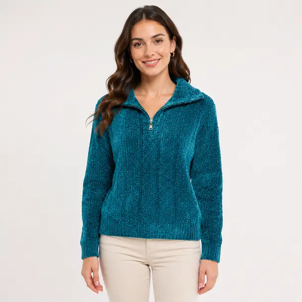 Suéter Feminino Tricô Mousse Meio Zíper .MC031 Verde