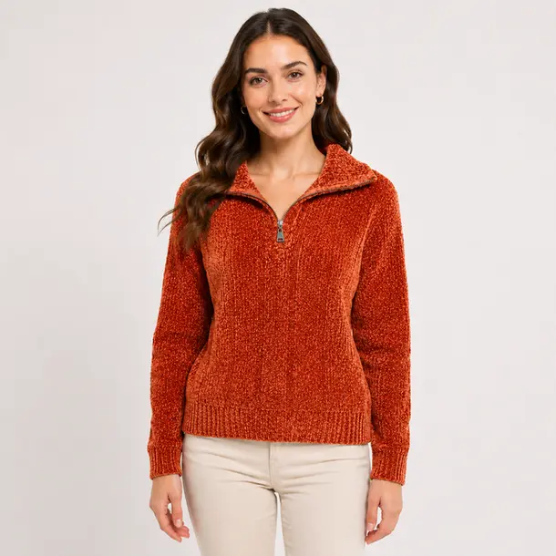 Suéter Feminino Tricô Mousse Meio Zíper .MC031 Terracota