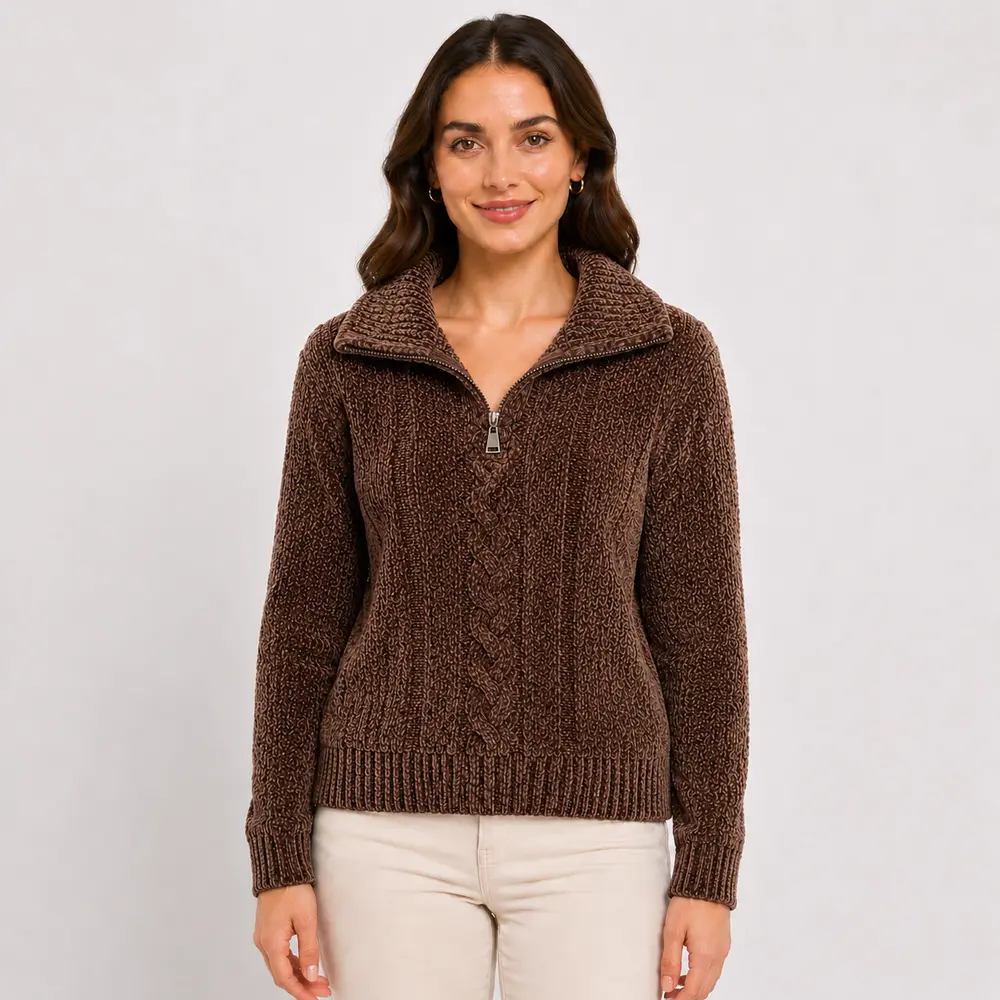 Suéter Feminino Tricô Mousse Meio Zíper .MC031