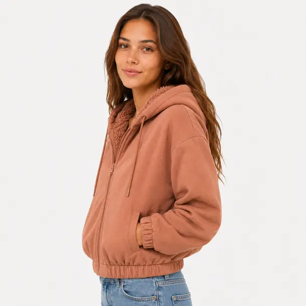 Jaqueta Feminina Moletom Capuz Peluciado .1002273 Caqui