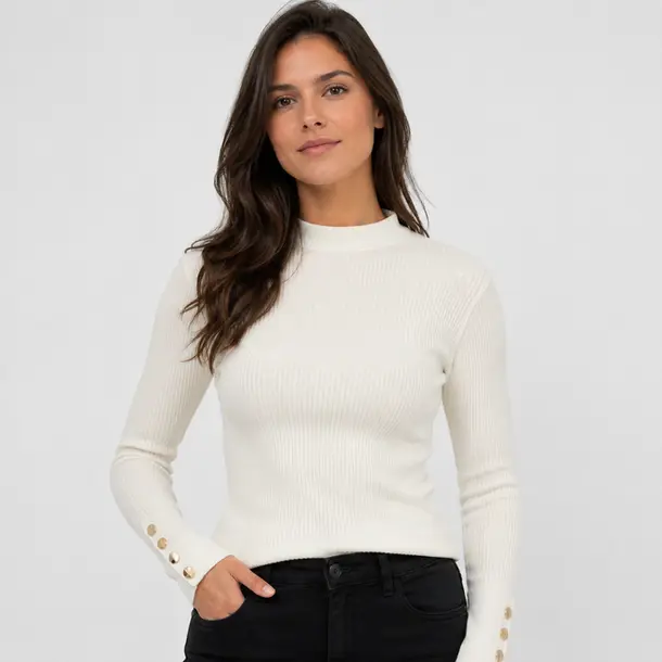 Suéter Feminino Canelado Gola Alta Botões .5822 Branco