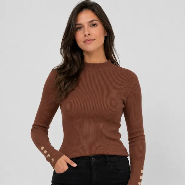 Suéter Feminino Canelado Gola Alta Botões .5822 Marrom