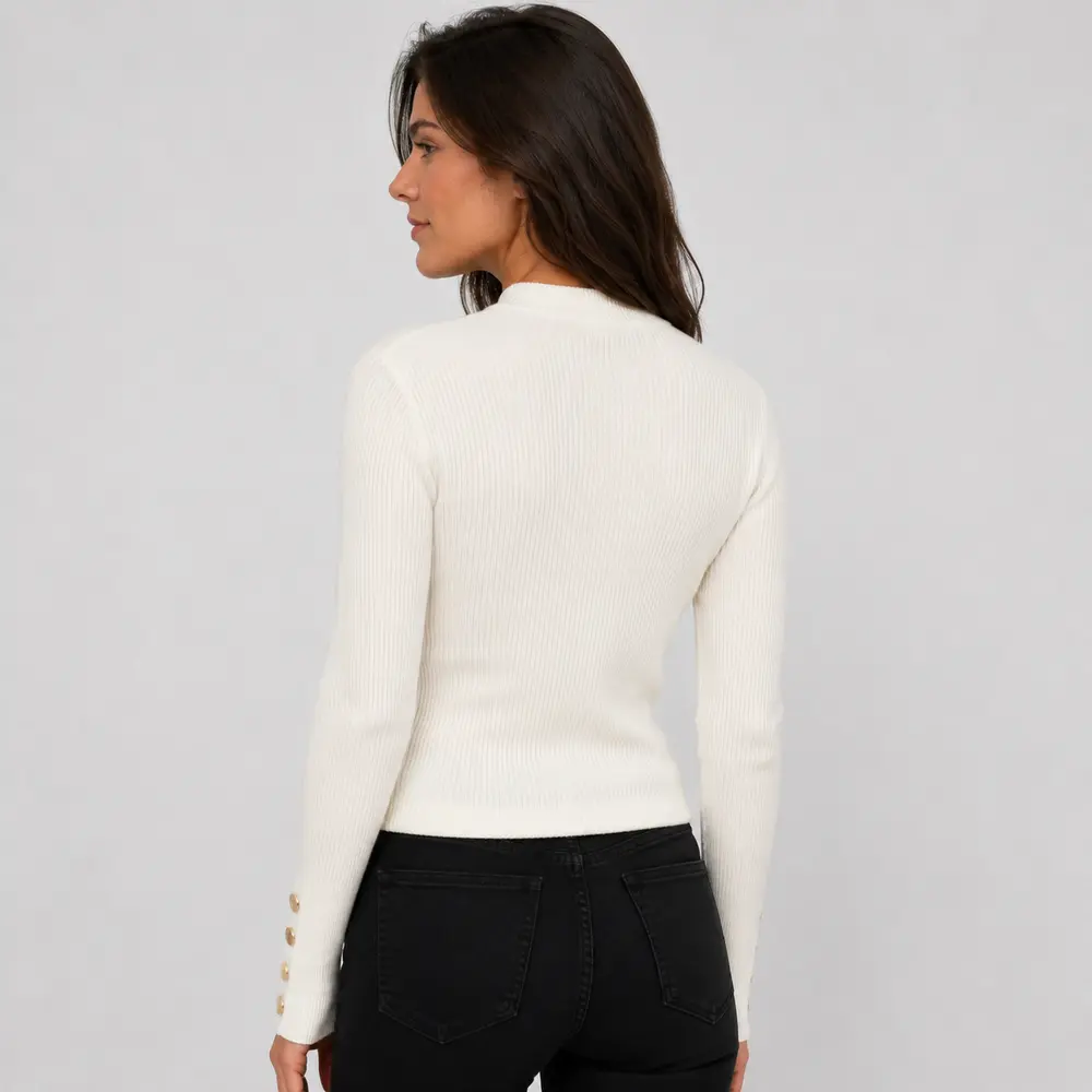 Suéter Feminino Canelado Gola Alta Botões .5822