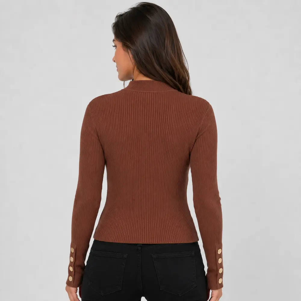 Suéter Feminino Canelado Gola Alta Botões .5822