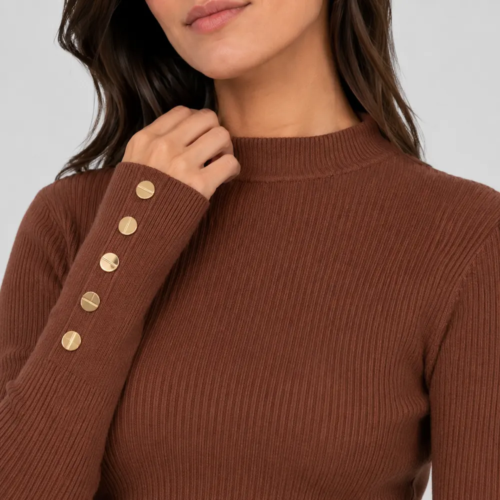 Suéter Feminino Canelado Gola Alta Botões .5822