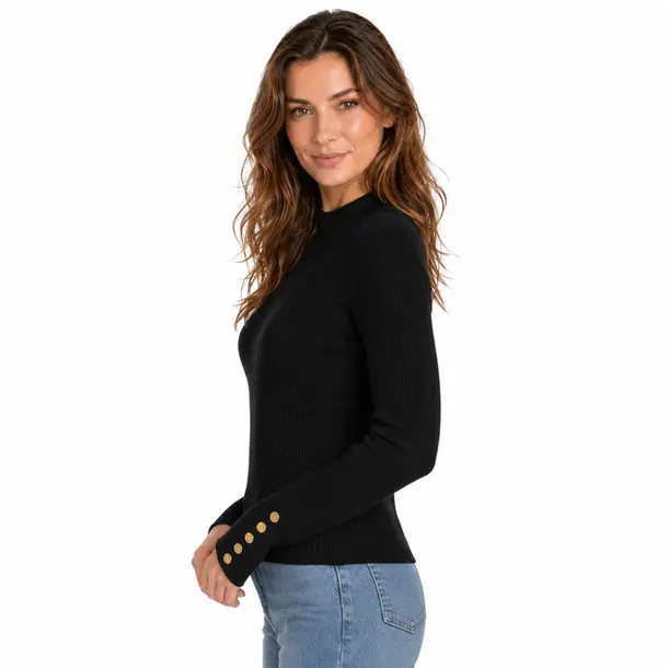 Suéter Feminino Canelado Gola Alta Botões .5822 Preto