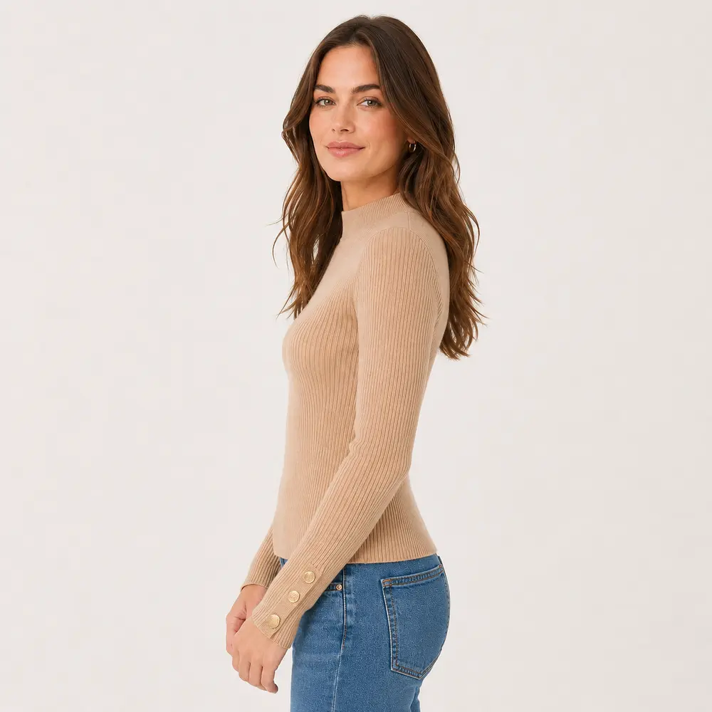 Suéter Feminino Canelado Gola Alta Botões .5822
