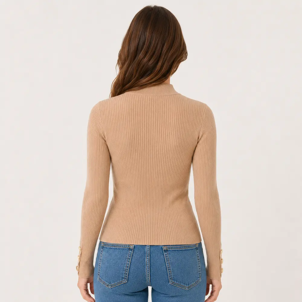 Suéter Feminino Canelado Gola Alta Botões .5822
