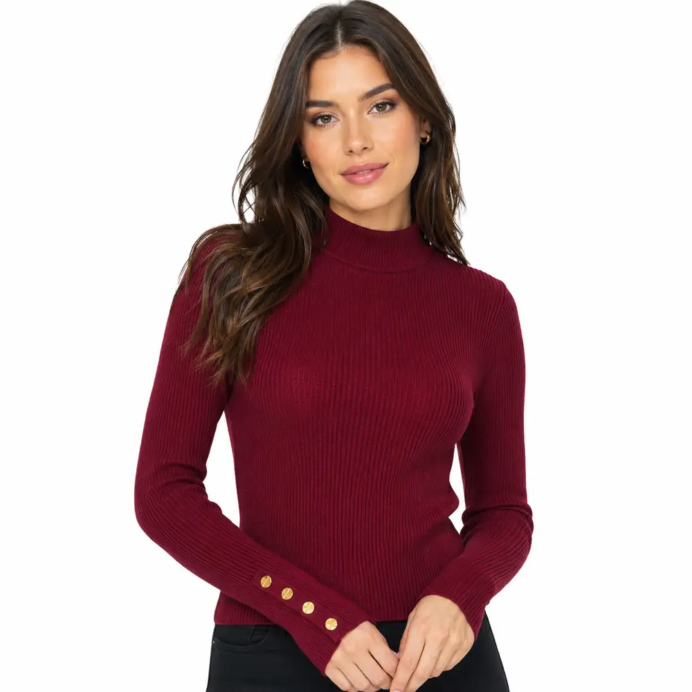Suéter Feminino Canelado Gola Alta Botões .5822
