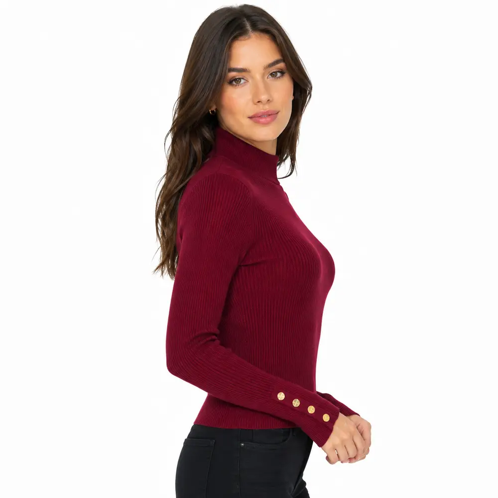Suéter Feminino Canelado Gola Alta Botões .5822