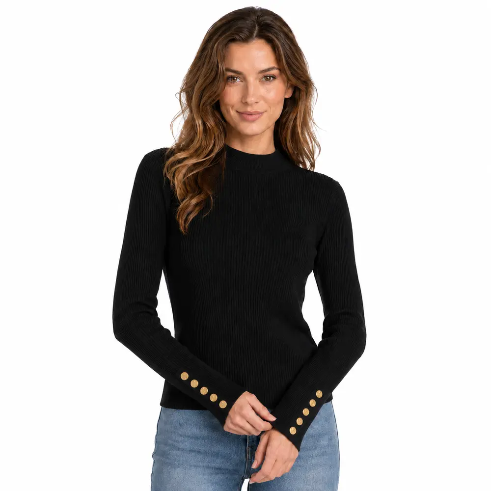 Suéter Feminino Canelado Gola Alta Botões .5822
