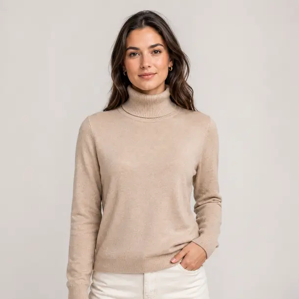 Suéter Feminino Tricot Modal Gola Alta .L945 Bege