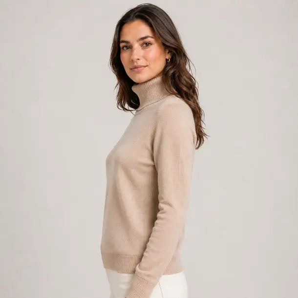 Suéter Feminino Tricot Modal Gola Alta .L945 Bege