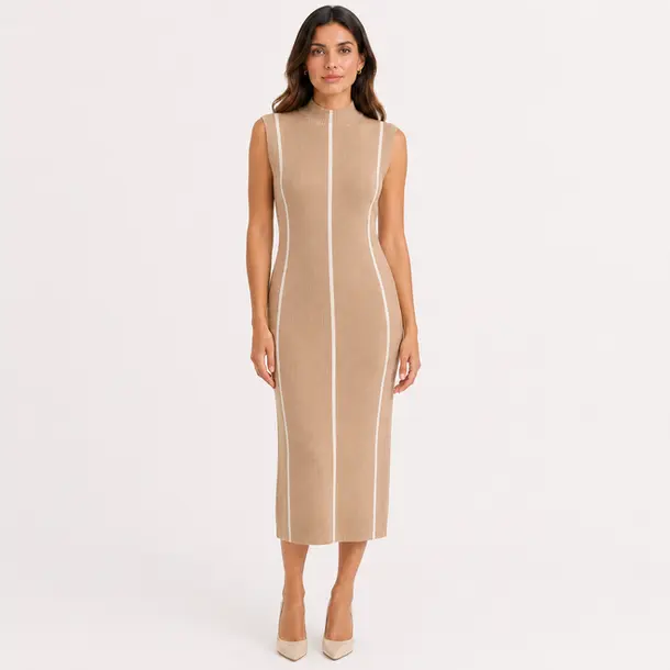 Vestido Feminino Midi Tricot Modal Gola Alta .S1302 Bege