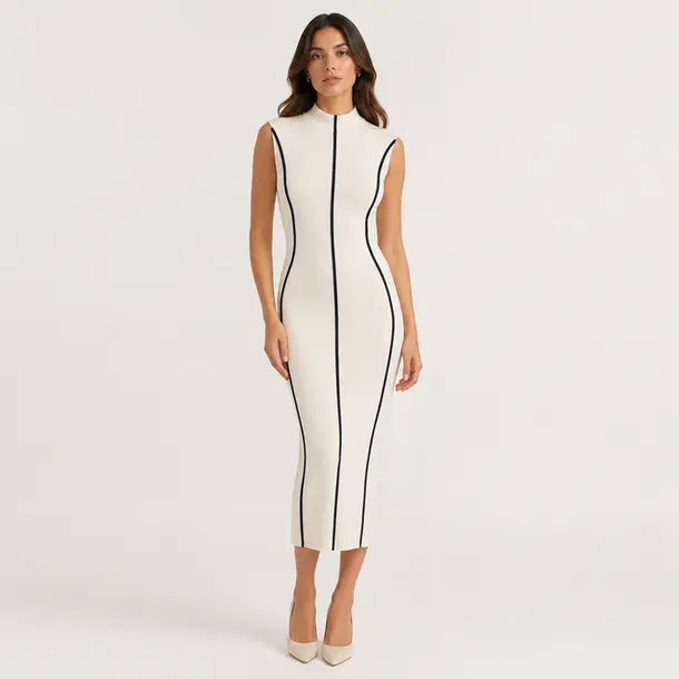 Vestido Feminino Midi Tricot Modal Gola Alta .S1302 Off White
