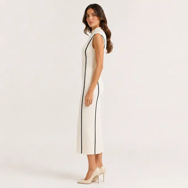 Vestido Feminino Midi Tricot Modal Gola Alta .S1302 Off White