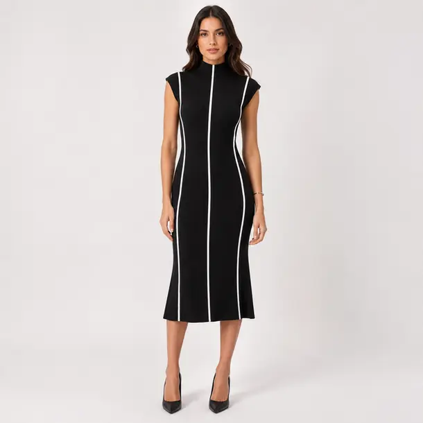 Vestido Feminino Midi Tricot Modal Gola Alta .S1302 Preto