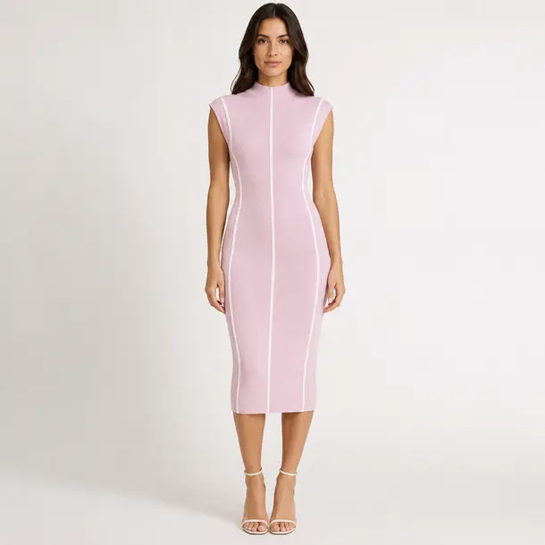 Vestido Feminino Midi Tricot Modal Gola Alta .S1302 Rosa