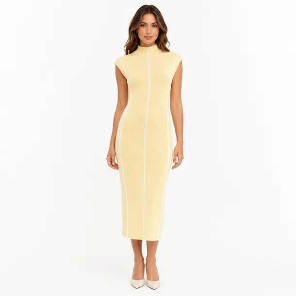 Vestido Feminino Midi Tricot Modal Gola Alta .S1302 Amarelo