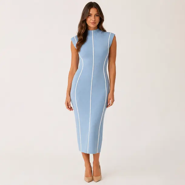 Vestido Feminino Midi Tricot Modal Gola Alta .S1302 Azul