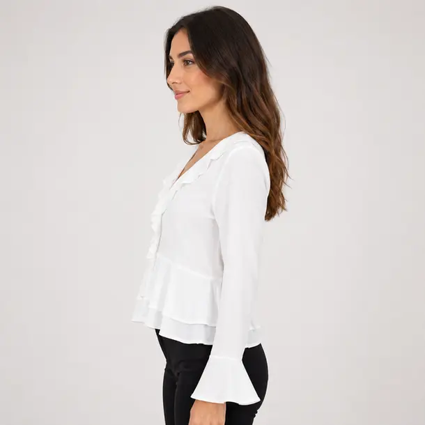 Blusa Feminina Crepe Manga Longa Com Babado .WS7135 Branco