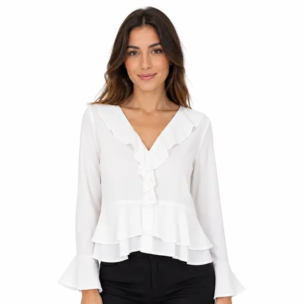 Blusa Feminina Crepe Manga Longa Com Babado .WS7135 Branco