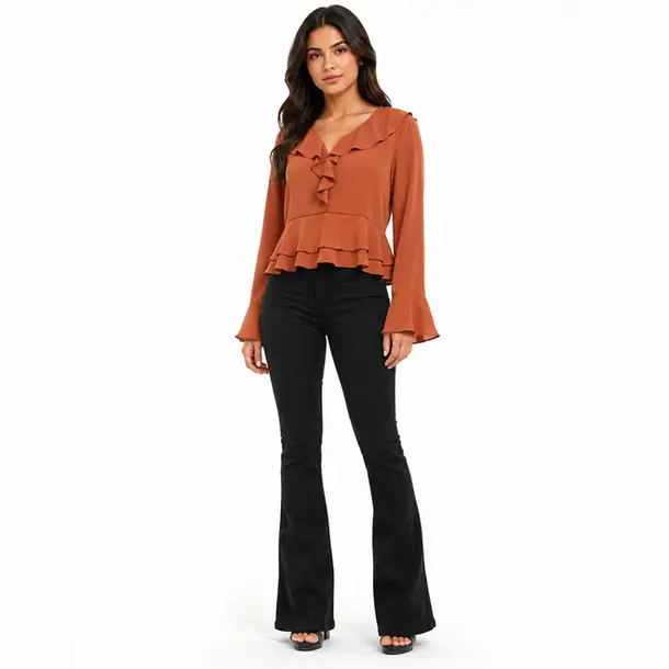 Blusa Feminina Crepe Manga Longa Com Babado .WS7135 Camel