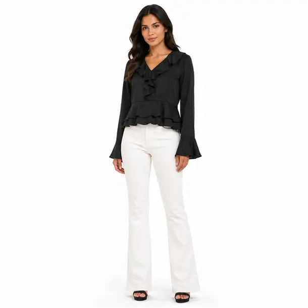 Blusa Feminina Crepe Manga Longa Com Babado .WS7135 Preto