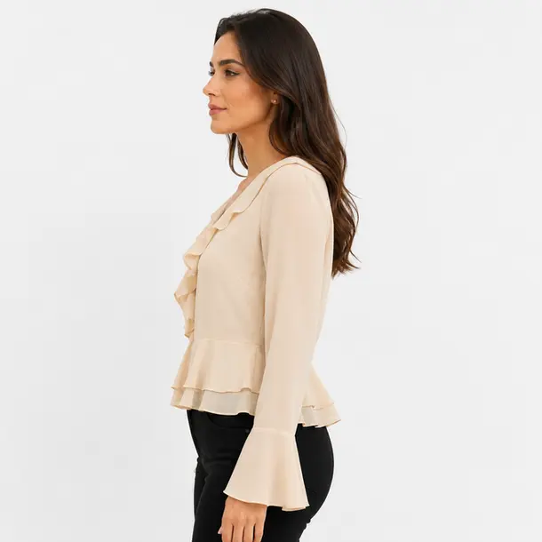Blusa Feminina Crepe Manga Longa Com Babado .WS7135 Bege