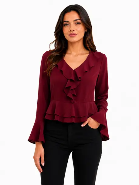 Blusa Feminina Crepe Manga Longa Com Babado .WS7135 Bordo