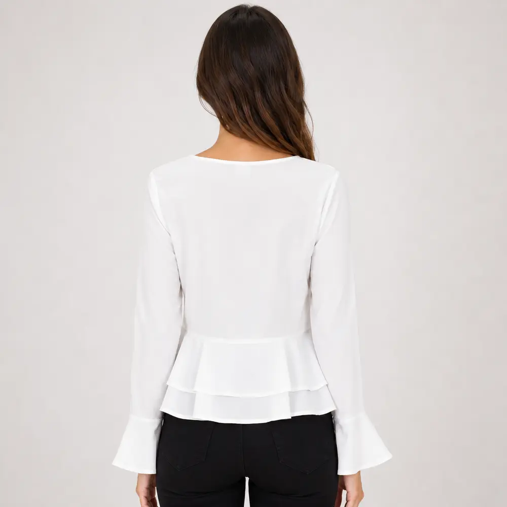 Blusa Feminina Crepe Manga Longa Com Babado .WS7135