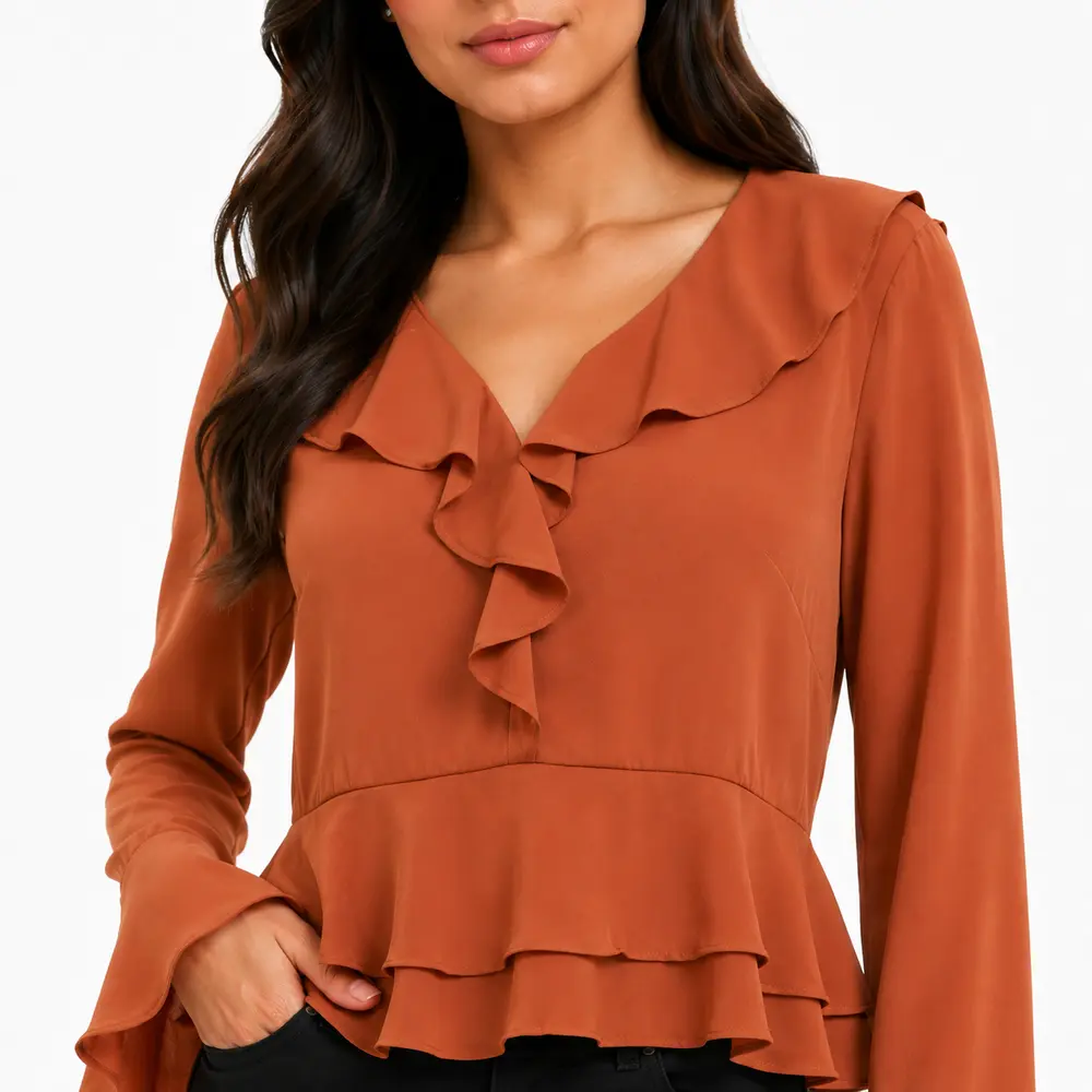 Blusa Feminina Crepe Manga Longa Com Babado .WS7135