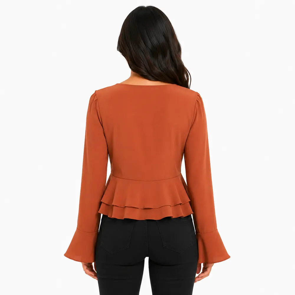 Blusa Feminina Crepe Manga Longa Com Babado .WS7135