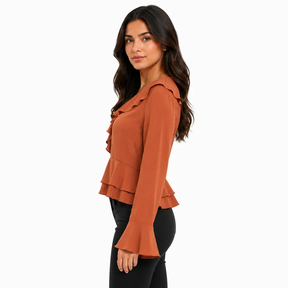 Blusa Feminina Crepe Manga Longa Com Babado .WS7135