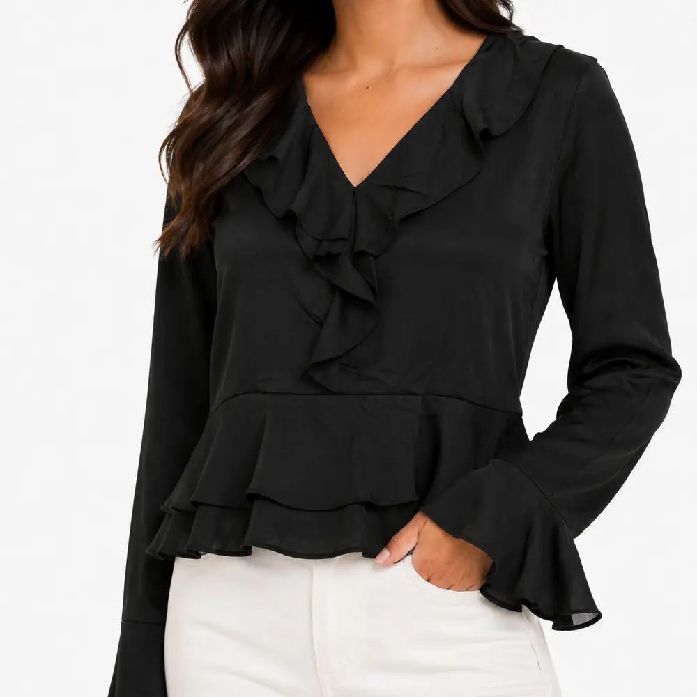 Blusa Feminina Crepe Manga Longa Com Babado .WS7135