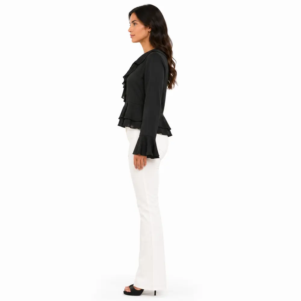 Blusa Feminina Crepe Manga Longa Com Babado .WS7135