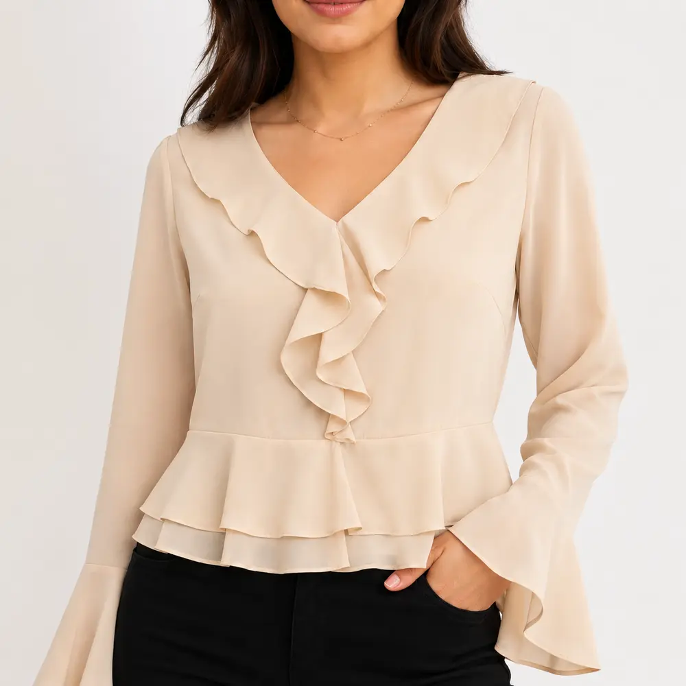 Blusa Feminina Crepe Manga Longa Com Babado .WS7135