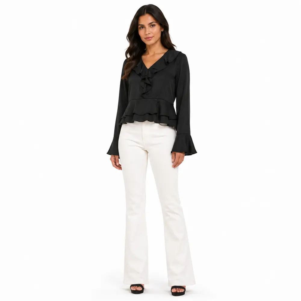 Blusa Feminina Crepe Manga Longa Com Babado .WS7135