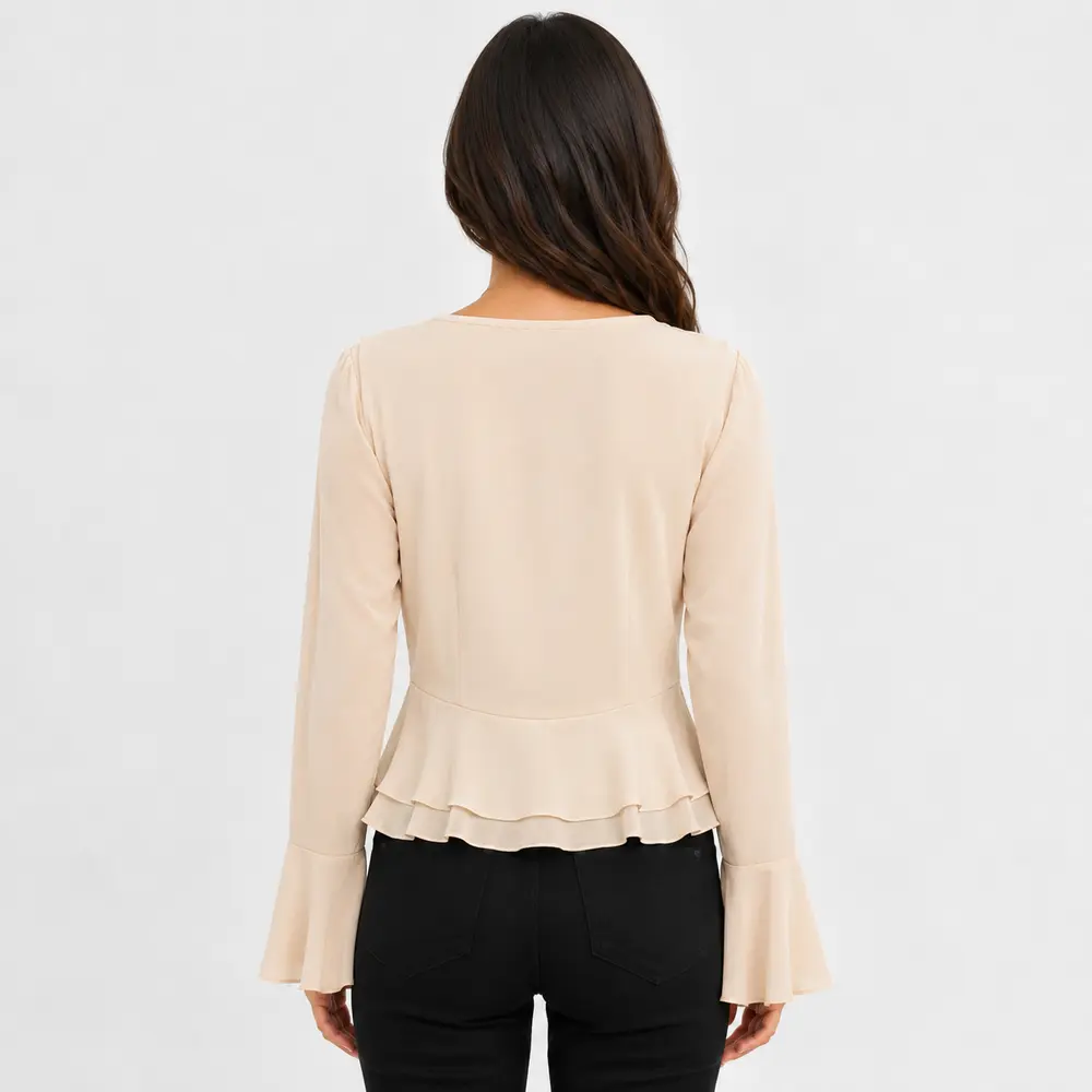Blusa Feminina Crepe Manga Longa Com Babado .WS7135