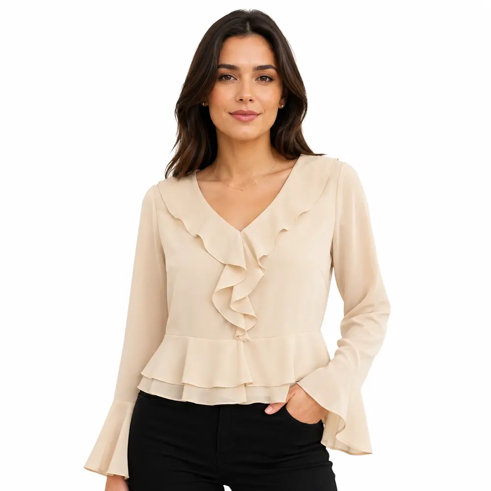 Blusa Feminina Crepe Manga Longa Com Babado .WS7135