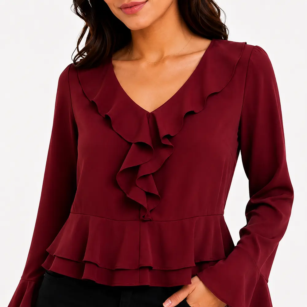 Blusa Feminina Crepe Manga Longa Com Babado .WS7135